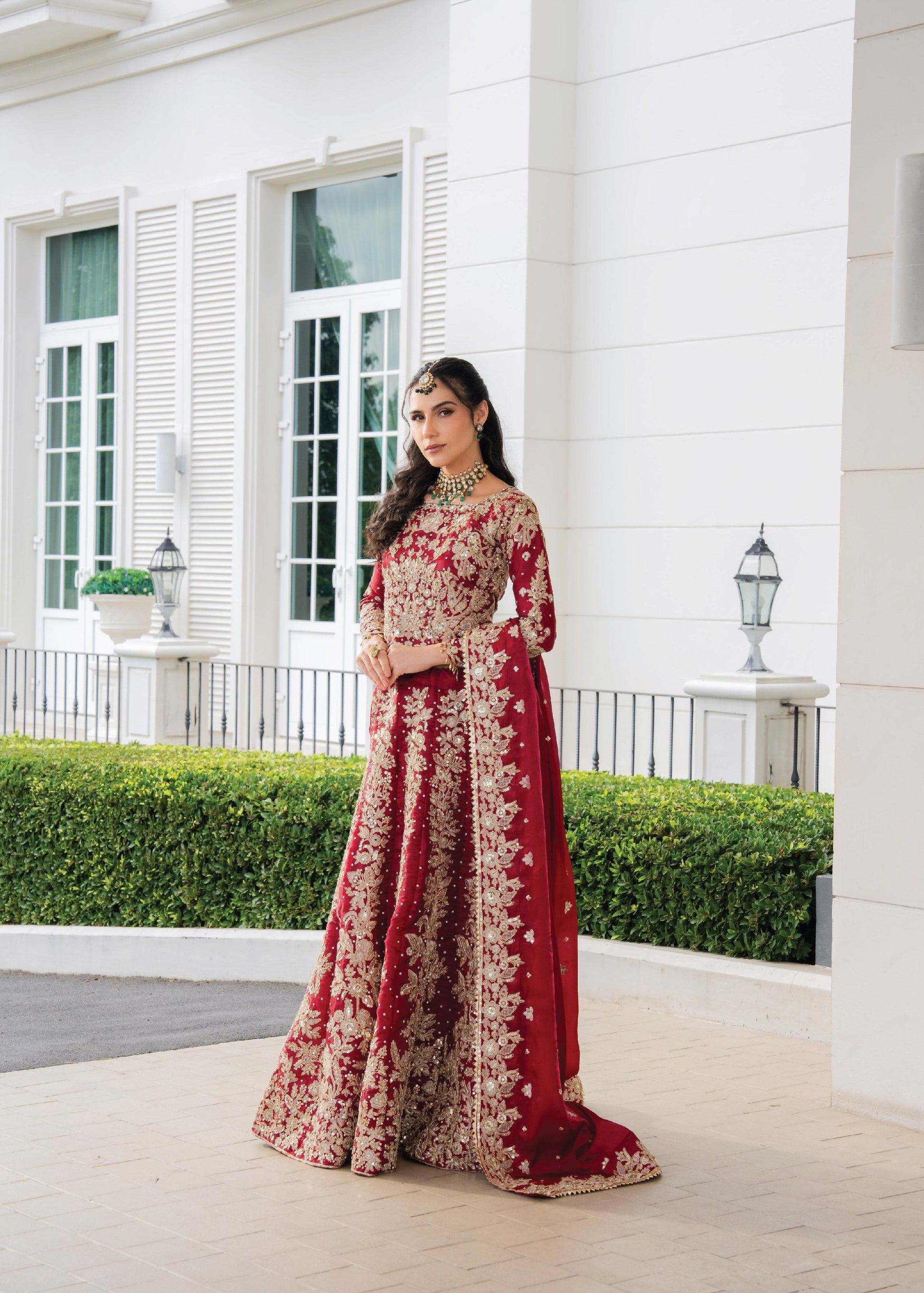 Pakistani Wedding Guest Crimson Silk Lehenga Online in KSA Riyadh Saudi Arabia Oman Bahrain Qatar