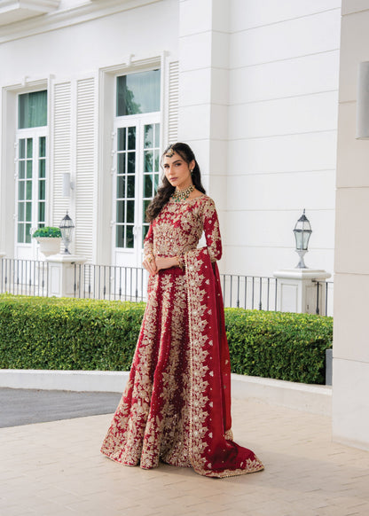 Pakistani Wedding Guest Crimson Silk Lehenga Online in KSA Riyadh Saudi Arabia Oman Bahrain Qatar