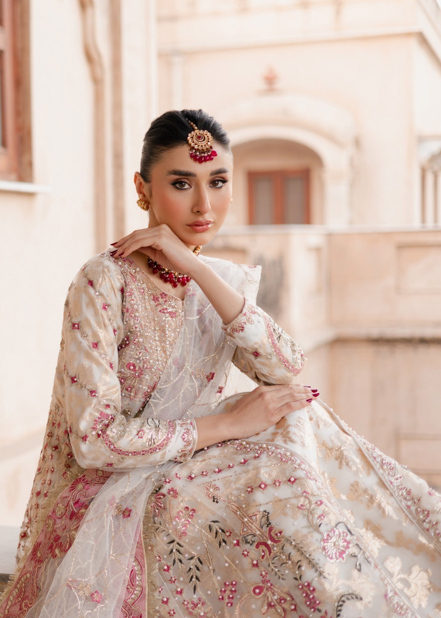 Pakistani Wedding Guest Net Pishwas in Ivory White Online in KSA Riyadh Saudi Arabia Oman Bahrain Qatar