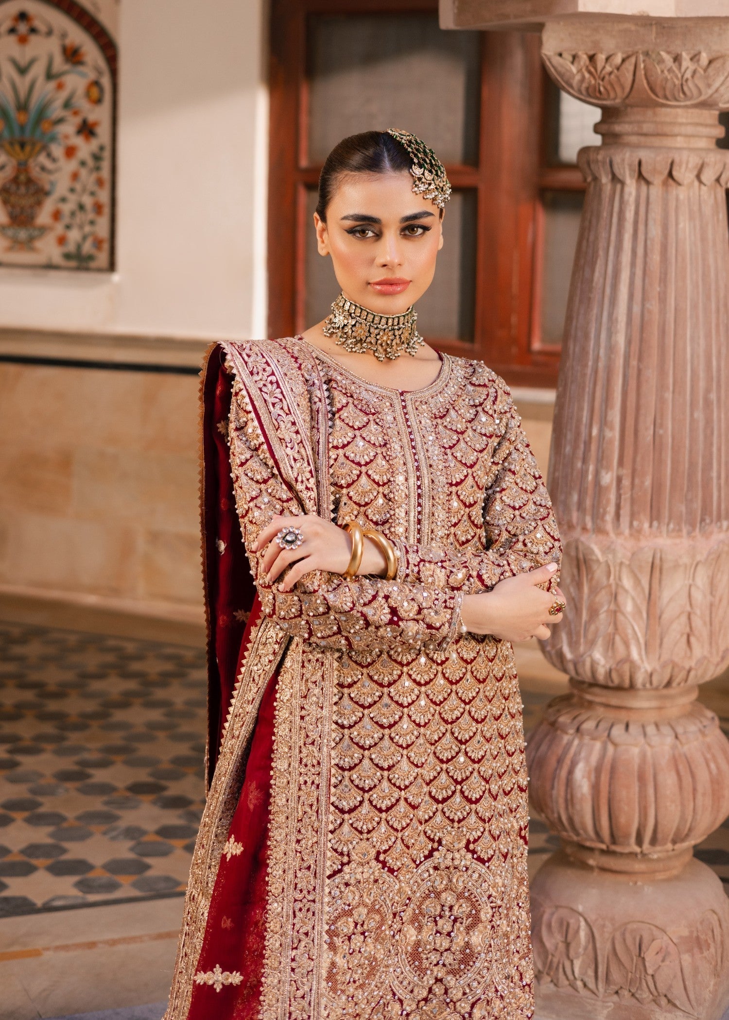 Pakistani Wedding Guest Red Chiffon Salwar Kameez Online in KSA Riyadh Saudi Arabia Oman Bahrain Qatar