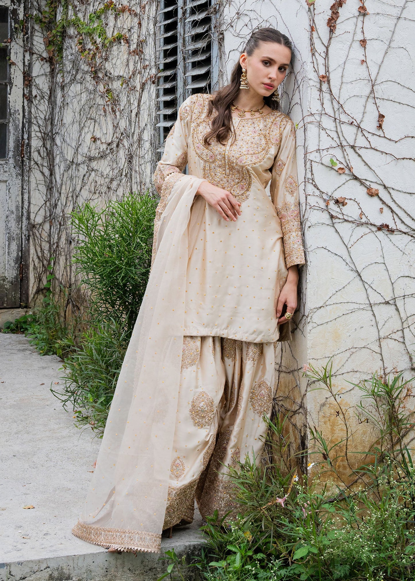 Pakistani Wedding Guest Wear Beige Charmuse Suit Online in KSA Riyadh Saudi Arabia Oman Bahrain Qatar