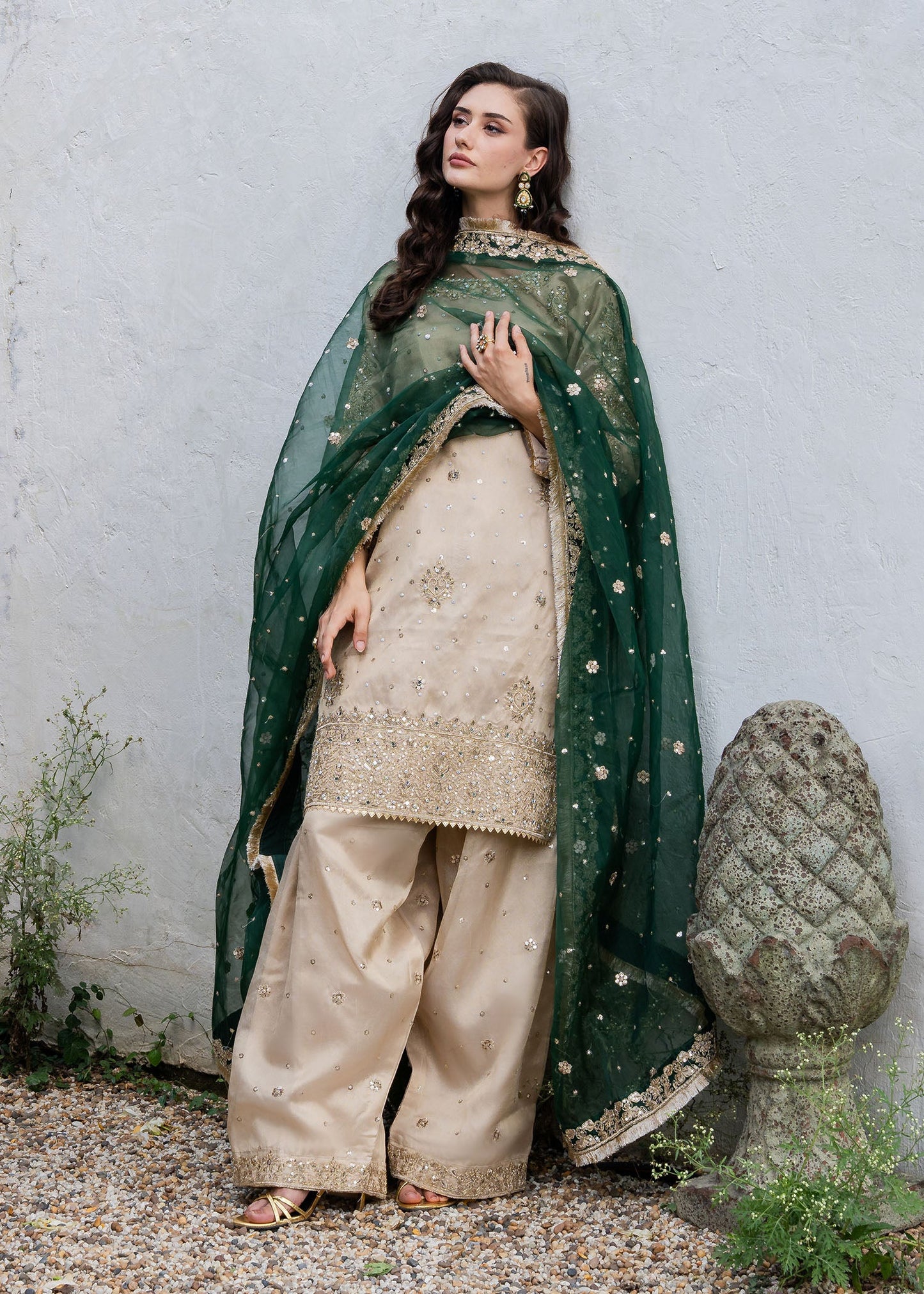 Pakistani Wedding Guest Wear Beige Gold Suit Online in KSA Riyadh Saudi Arabia Oman Bahrain Qatar