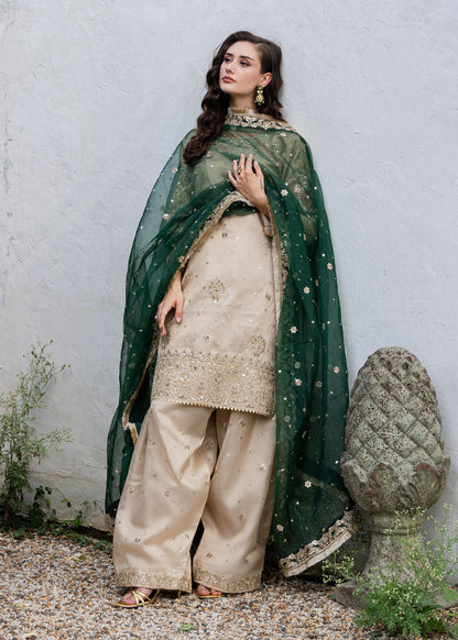 Pakistani Wedding Guest Wear Beige Gold Suit Online in KSA Riyadh Saudi Arabia Oman Bahrain Qatar