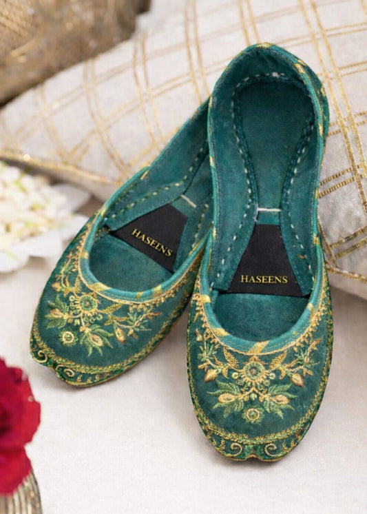 Pakistani Wedding Khussa Pine Green Velvet Online in UK USA Canada