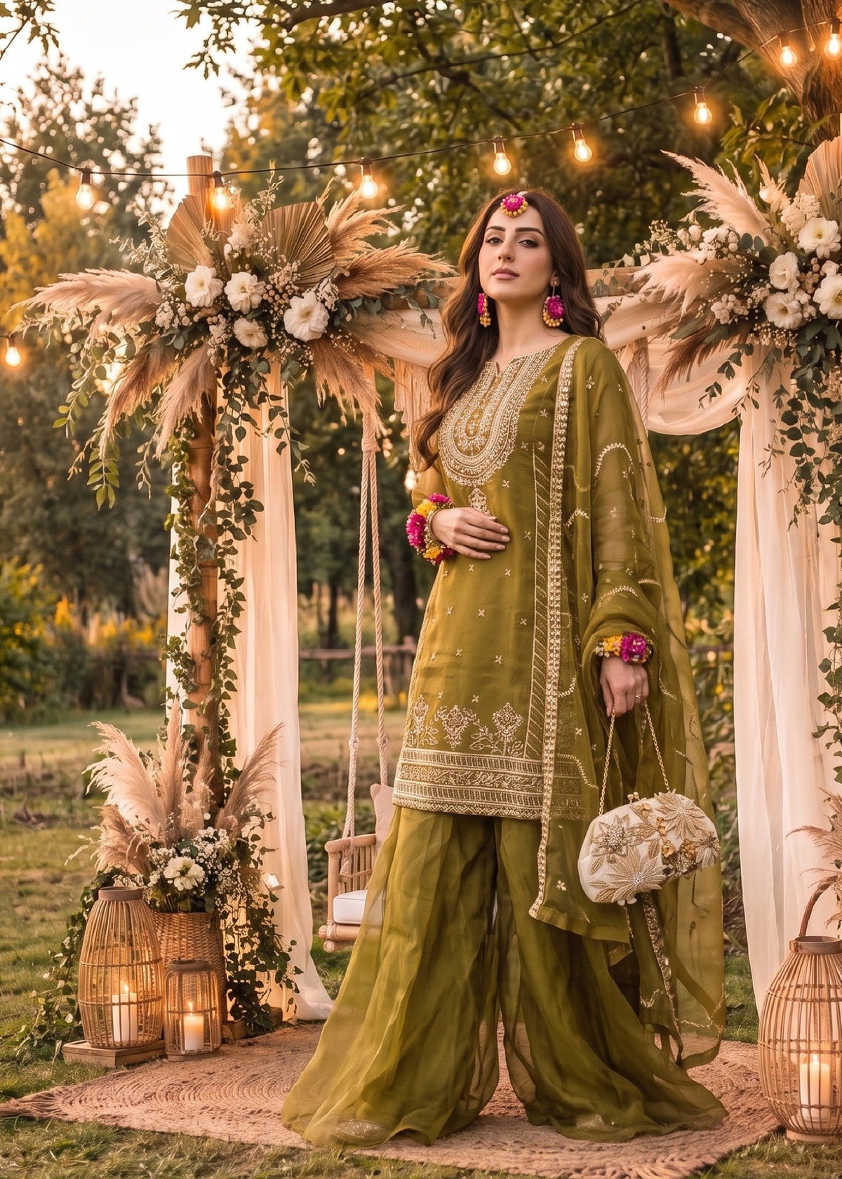 Pakistani Wedding Mustard Organza Lehenga Online in KSA Riyadh Saudi Arabia Oman Bahrain Qatar