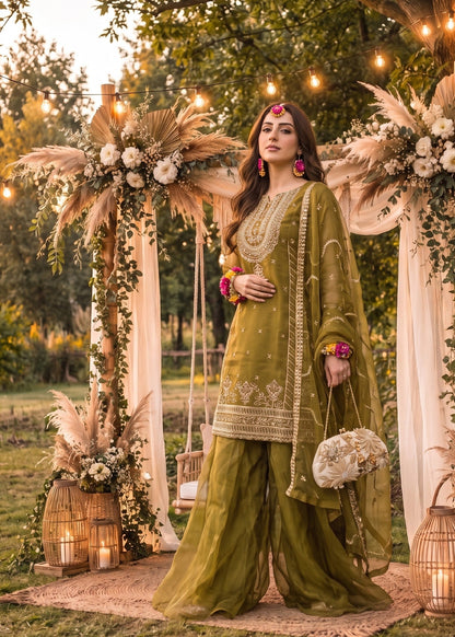 Pakistani Wedding Mustard Organza Lehenga Online in KSA Riyadh Saudi Arabia Oman Bahrain Qatar