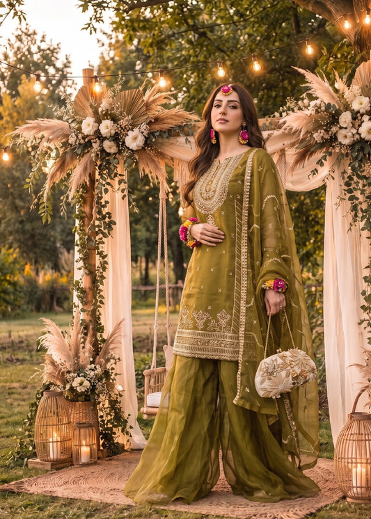 Pakistani Wedding Mustard Organza Lehenga Online in KSA Riyadh Saudi Arabia Oman Bahrain Qatar