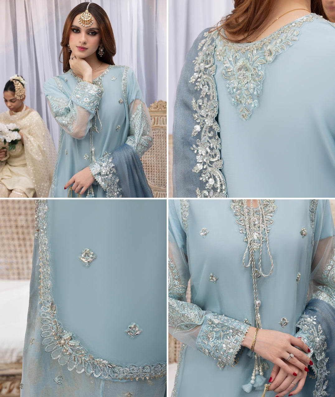 Pakistani Wedding Sharara Baby Blue Embroidered Organza Online in KSA Riyadh Saudi Arabia Oman Bahrain Qatar