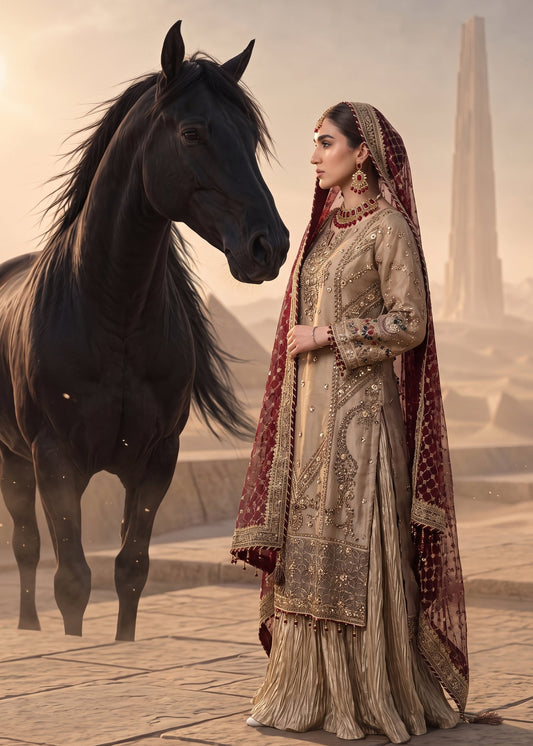 Pakistani Wedding Sharara in Tan Brown Organza Online in KSA Riyadh Saudi Arabia Oman Bahrain Qatar