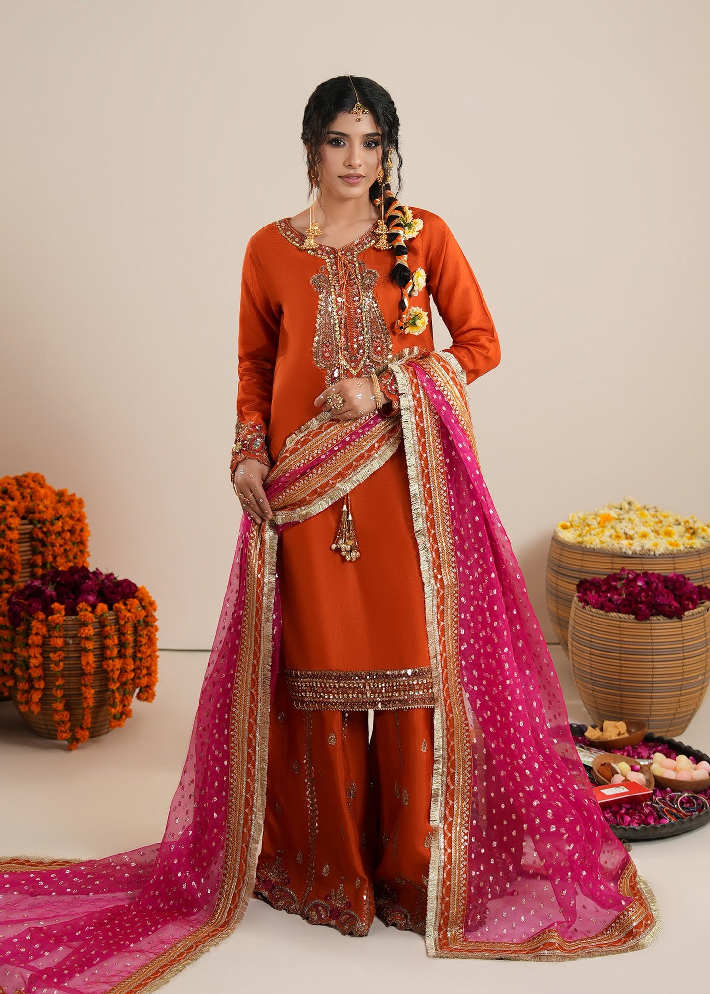 Pakistani Wedding Sharara Rust Orange Raw Silk Online in KSA Riyadh Saudi Arabia Oman Bahrain Qatar