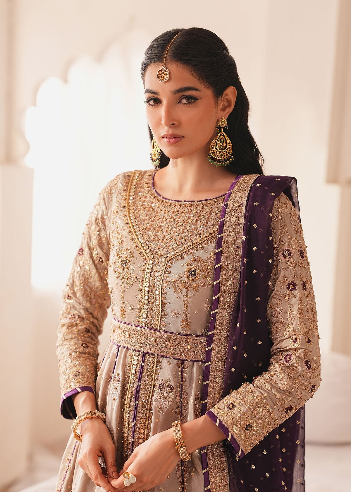 Pakistani Wedding Wear Beige Silk Anarkali Gharara Set Online in KSA Riyadh Saudi Arabia Oman Bahrain Qatar