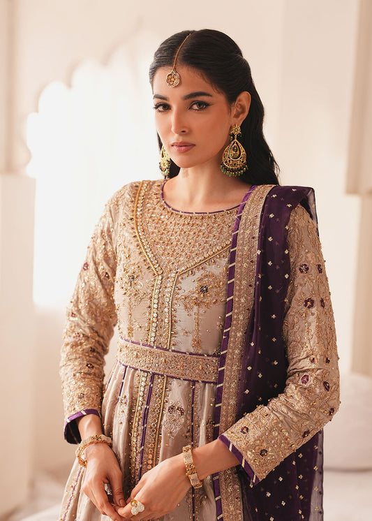 Pakistani Wedding Wear Beige Silk Anarkali Gharara Set Online in KSA Riyadh Saudi Arabia Oman Bahrain Qatar