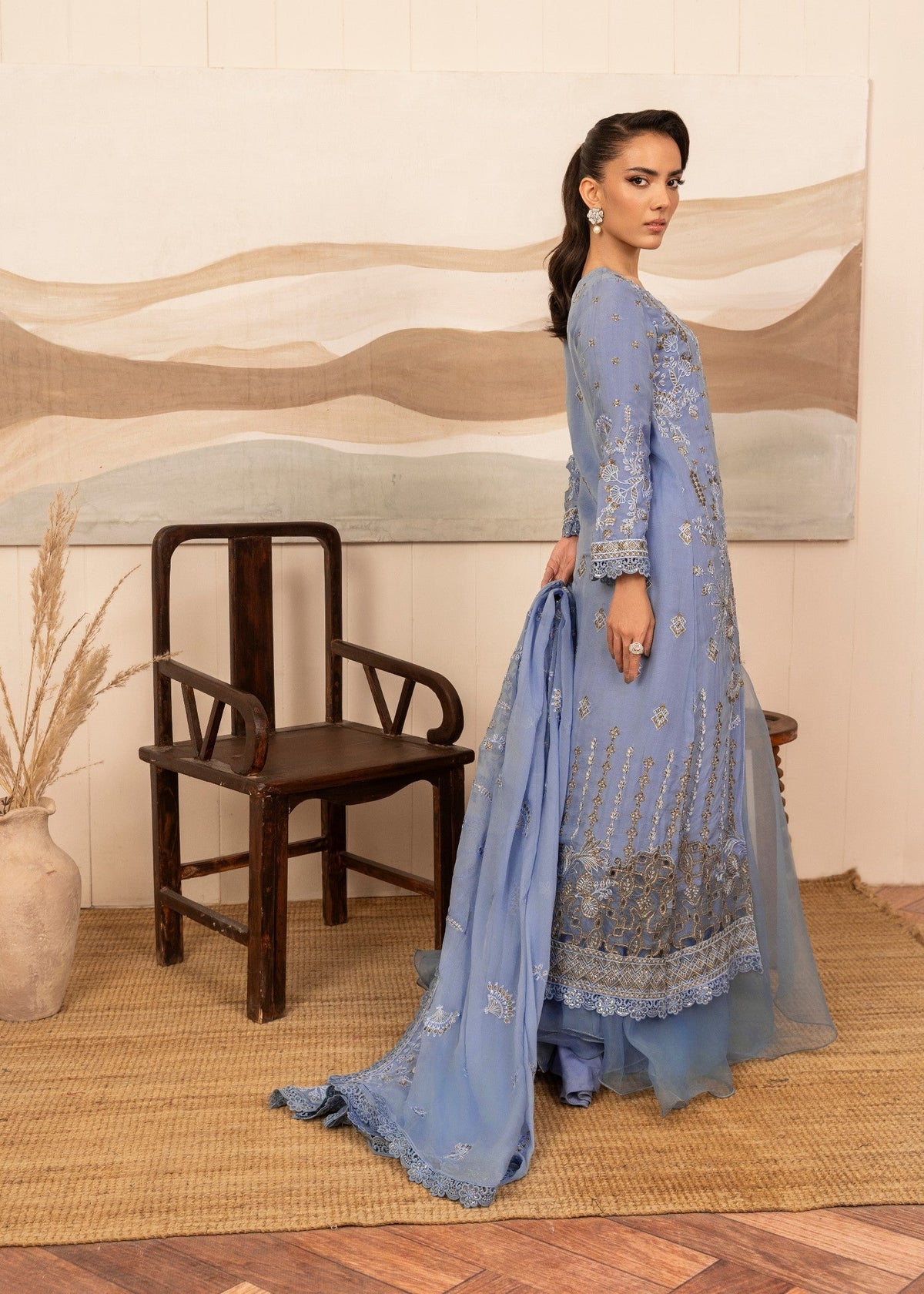 Pakistani Wedding Wear Blue Georgette Sharara Online in KSA Riyadh Saudi Arabia Oman Bahrain Qatar