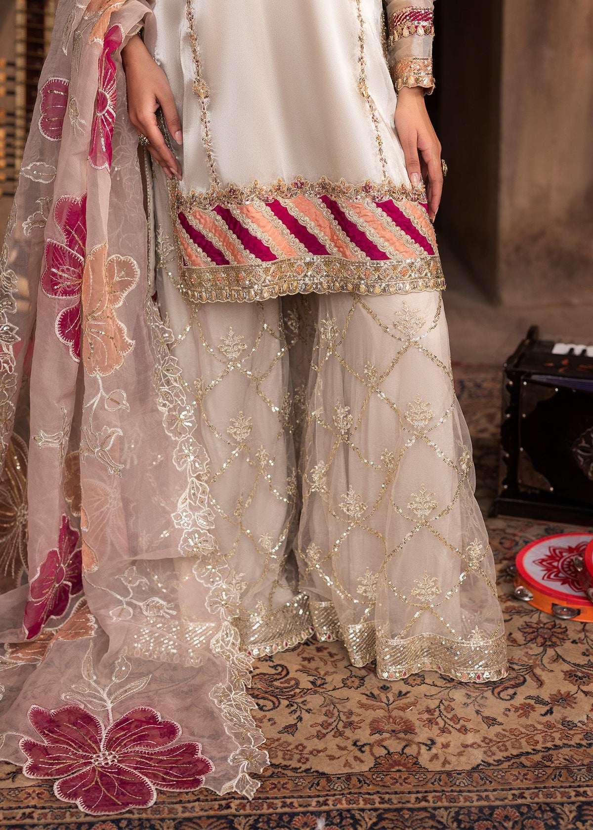Pakistani Wedding Wear Silver Tissue Sharara Online in KSA Riyadh Saudi Arabia Oman Bahrain Qatar