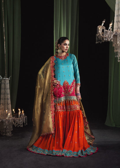 Pakistani Wedding Wear Sky Blue Tussar Silk Gharara Online in KSA Riyadh Saudi Arabia Oman Bahrain Qatar