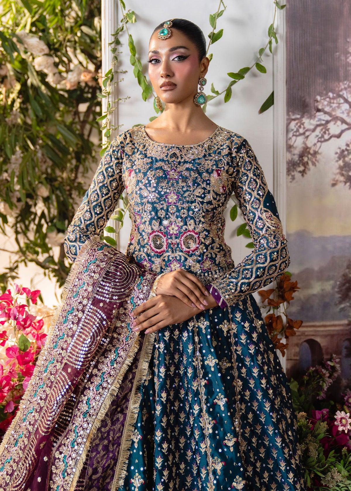Pakistani Wedding Wear Teal Charmuse Lehenga Online in KSA Riyadh Saudi Arabia Oman Bahrain Qatar