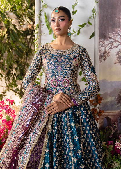 Pakistani Wedding Wear Teal Charmuse Lehenga Online in KSA Riyadh Saudi Arabia Oman Bahrain Qatar
