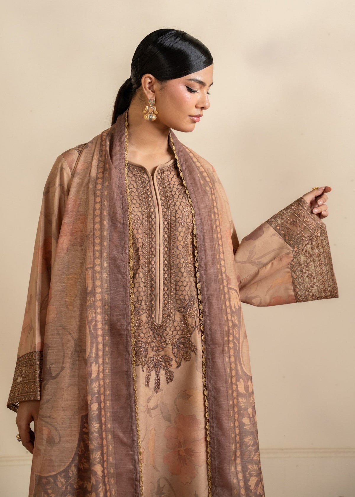 Pakistani Winter Wear Camel Brown Khaddar Suit Online in Dubai DXB UAE Abudhabi Meena Bazaar