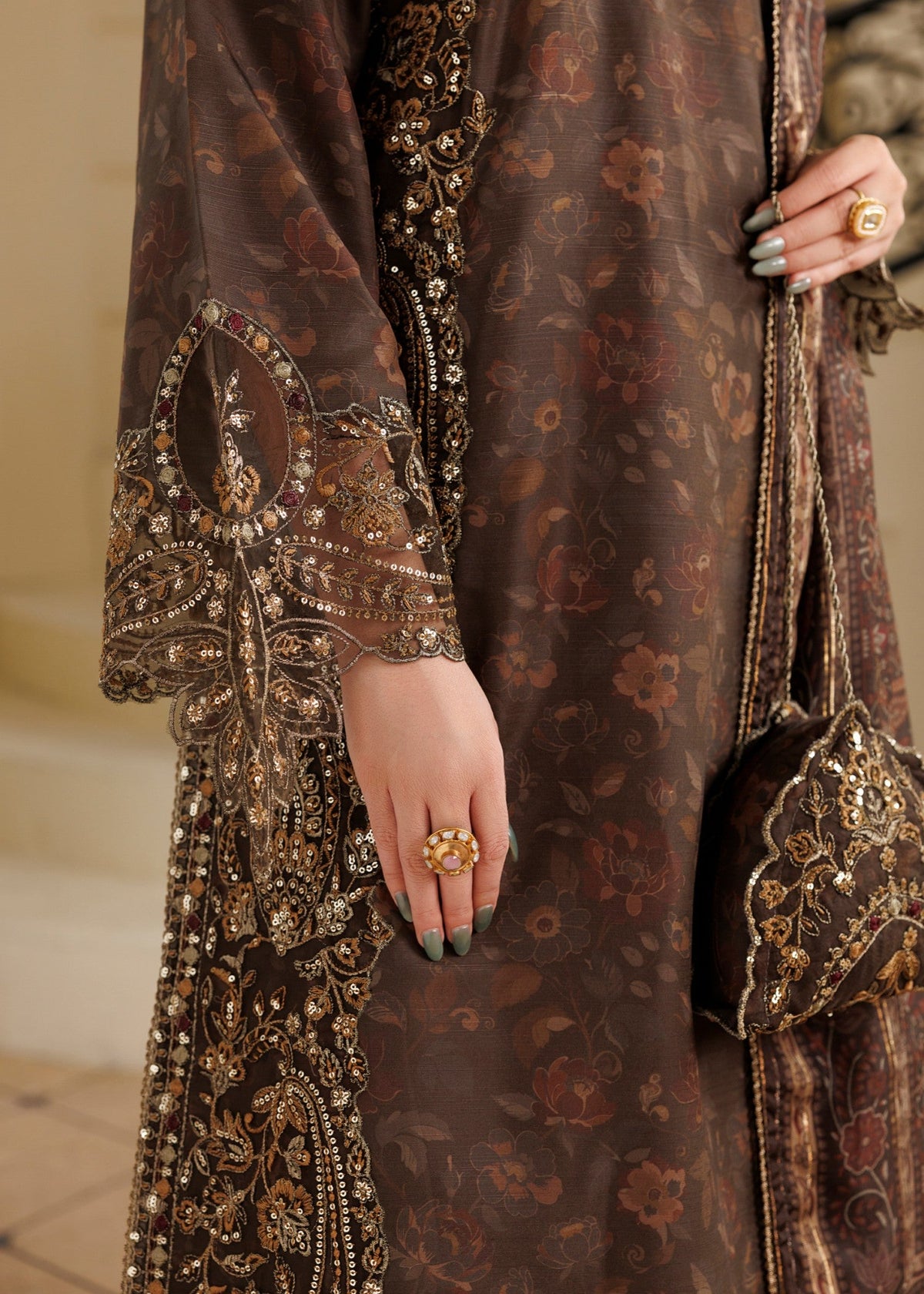 Pakistani Winter Wear Coffee Brown Embroidered Suit Online in Dubai DXB UAE Abudhabi Meena Bazaar
