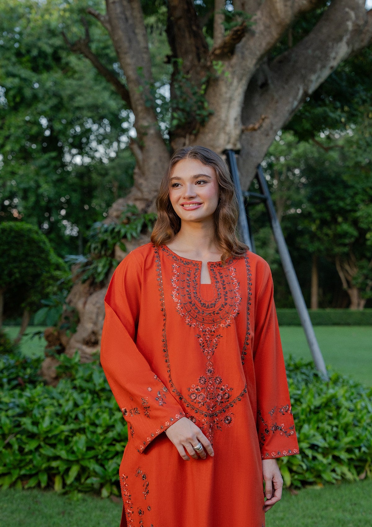 Pakistani Winter Wear Coral Red Khaddar Salwar Kameez Online in KSA Riyadh Saudi Arabia Oman Bahrain Qatar