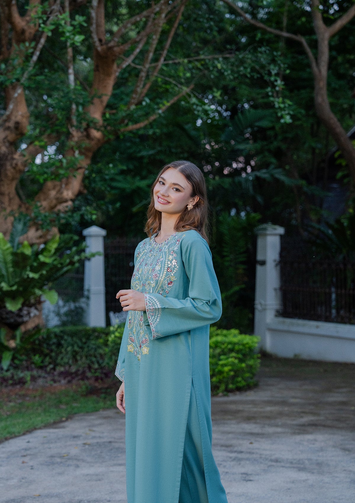 Pakistani Winter Wear Sky Embroidered Kurta Set Online in UK USA Canada