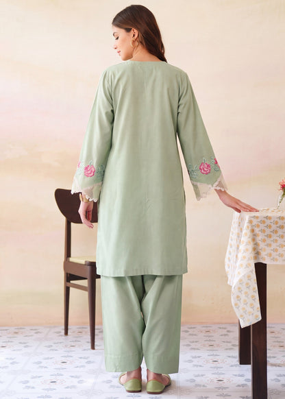 Pakistani Winter Wear Tea Green Dhanak Kurta Set Online in KSA Riyadh Saudi Arabia Oman Bahrain Qatar