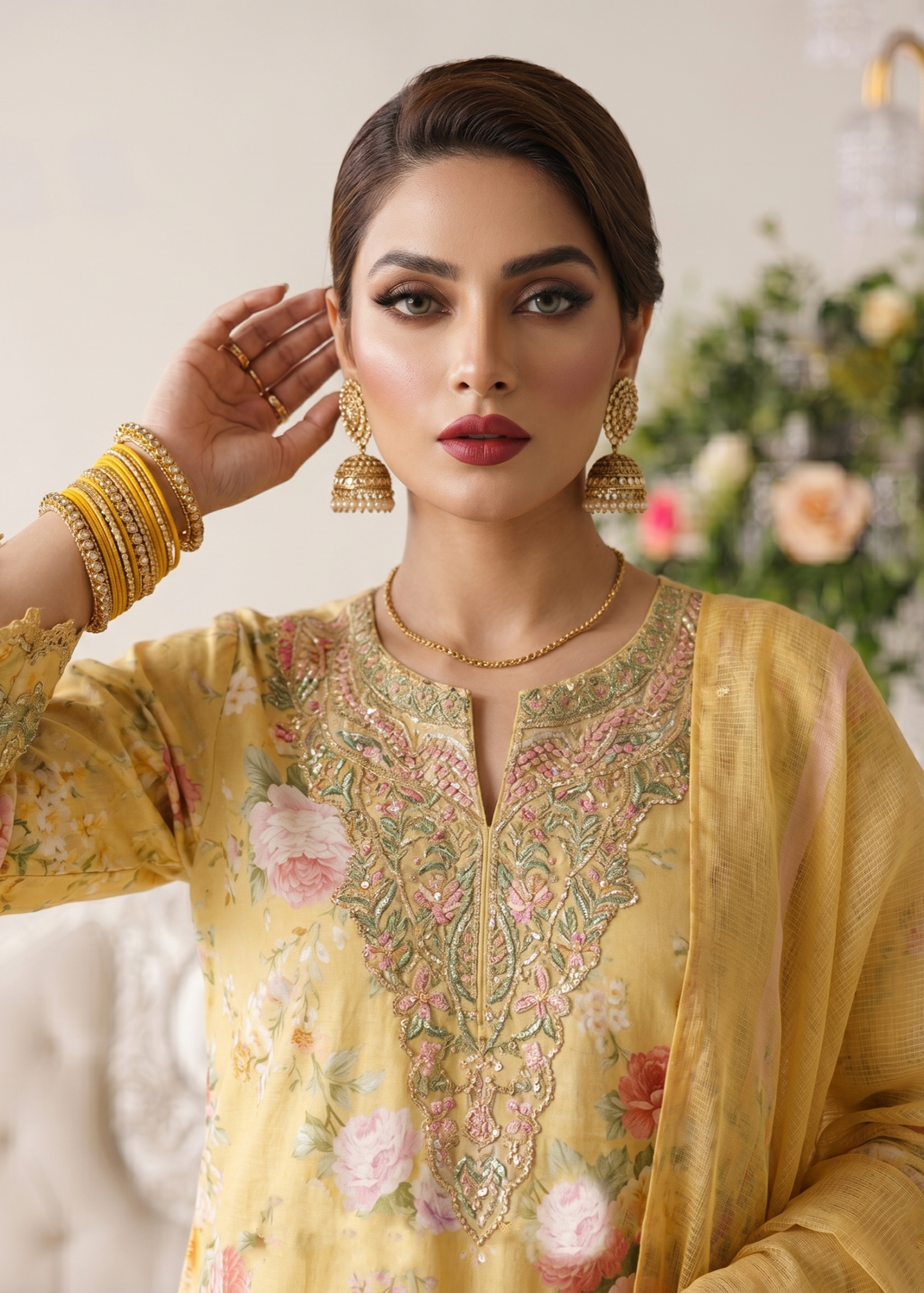 Pakistani Yellow Lawn Embroidered Gharara Online in Sri Lanka India Australia