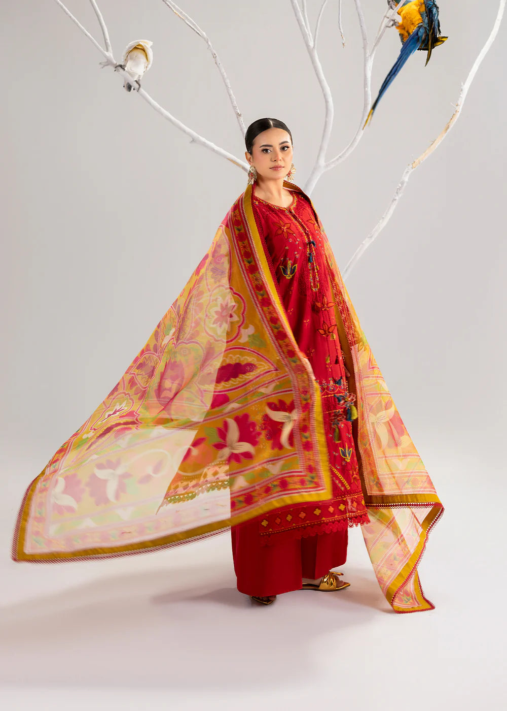 Red Lawn Cotton Suit with Khadi Net Dupatta