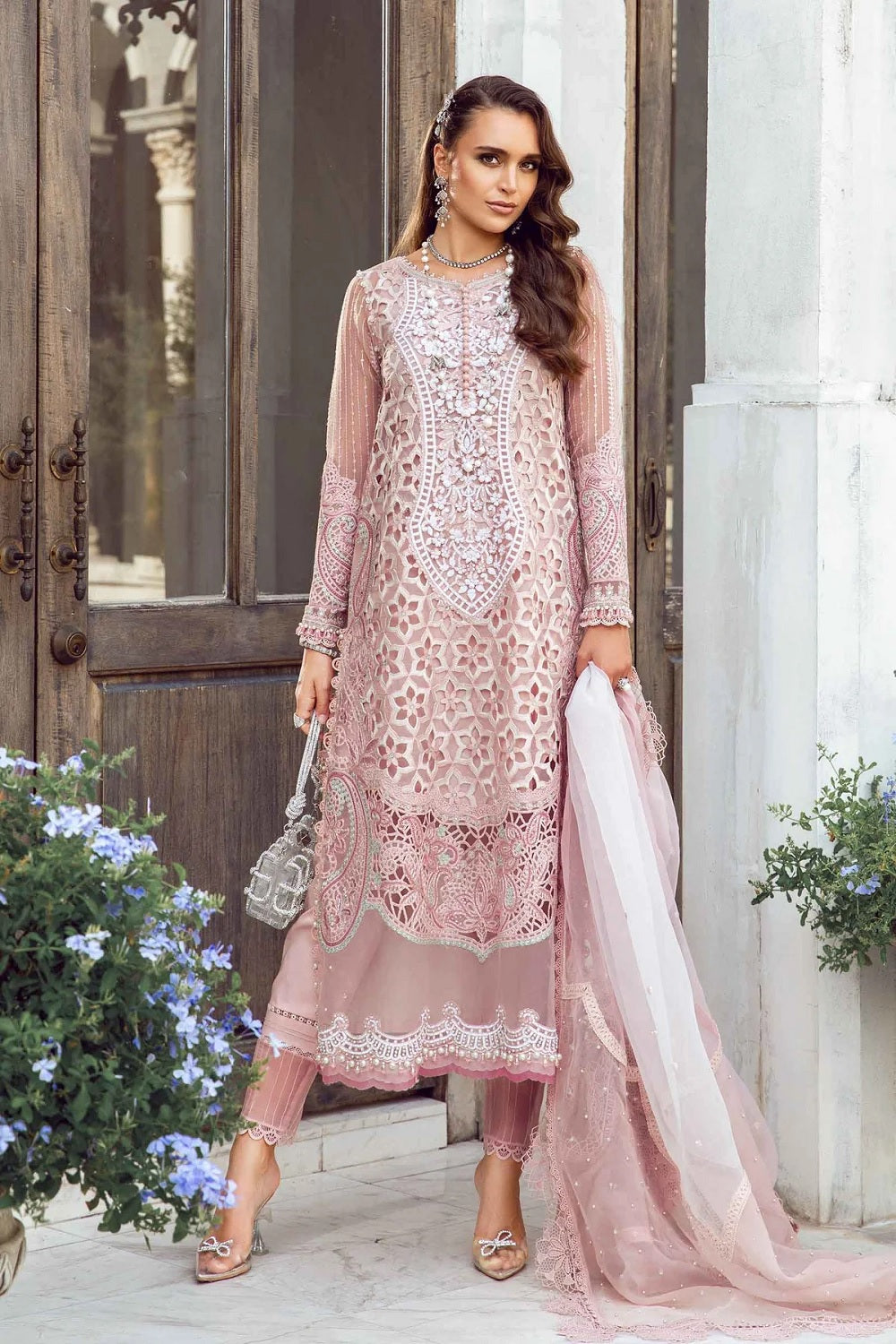 Pastel Pink Chiffon Suit with Pearl Work