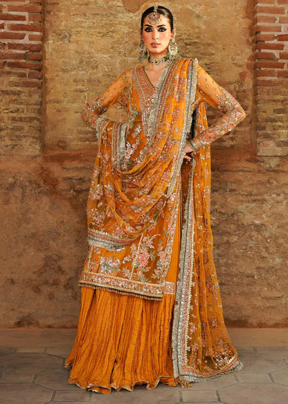 Orange Handmade Suit with Crushed Silk Sharara