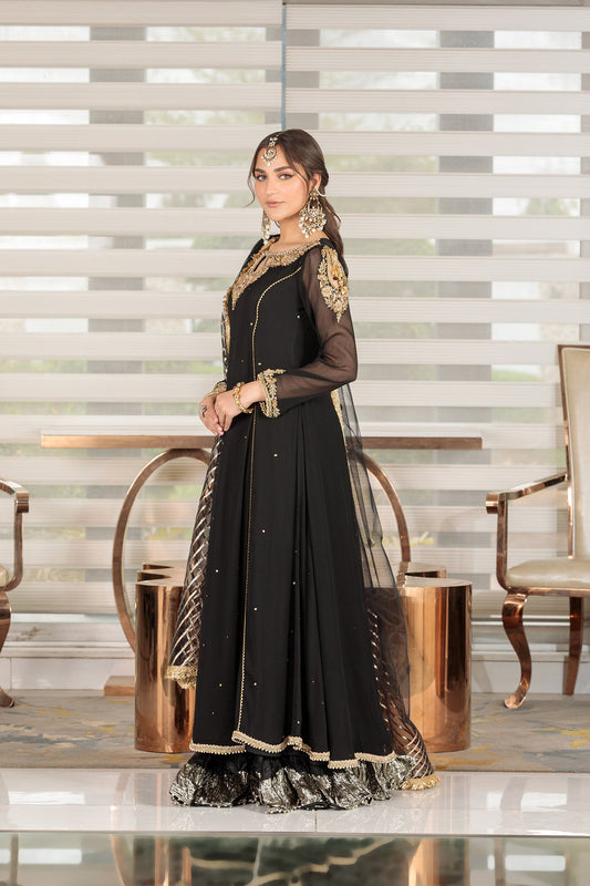 Black Handmade Pure Crinkle Chiffon Sharara