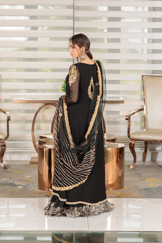 Black Handmade Pure Crinkle Chiffon Sharara