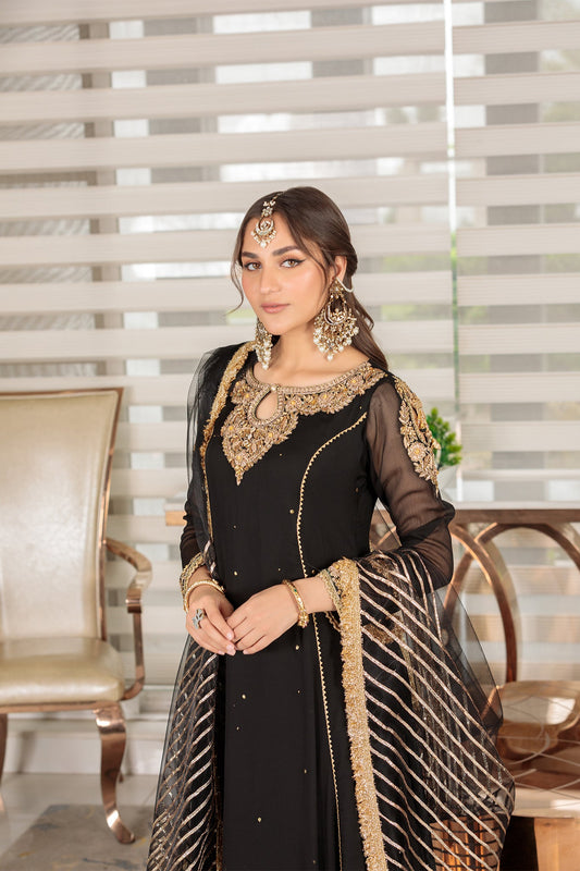 Black Handmade Pure Crinkle Chiffon Sharara