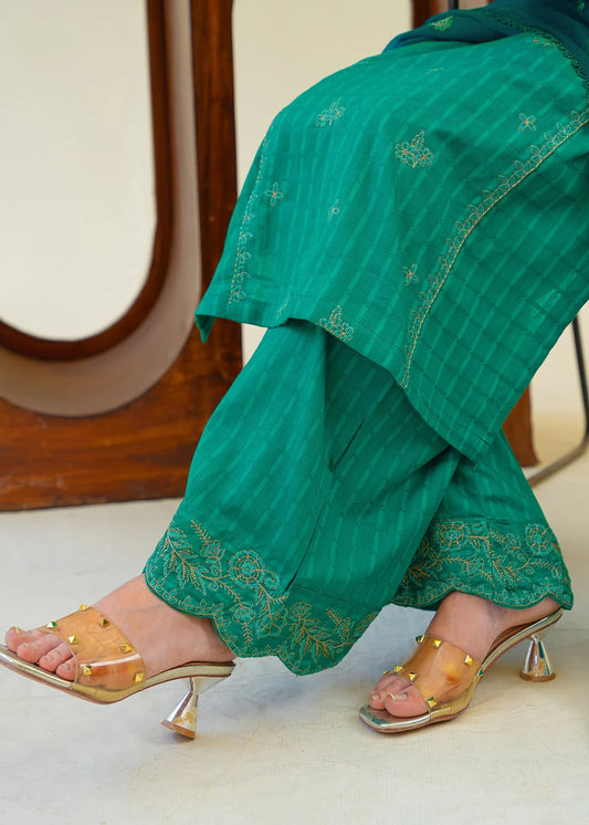 Emerald Green Embroidered Cotton Kurta Set with Dupatta