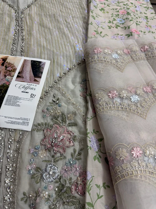 Skin Beige Embellished Pure Chiffon Designer Suit