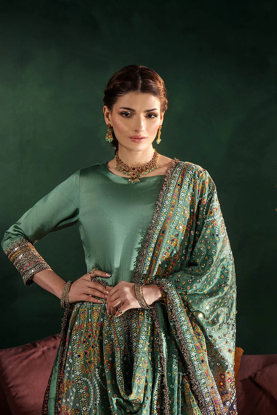 Hand Embroidered Elegant Brown Glass Silk Designer Farshi Shalwar Suit