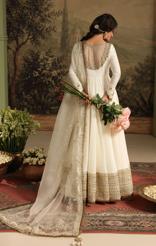 Ivory Raw Silk Anarkali Maxi with Panni Work