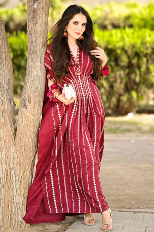 Maroon Embroidered Lawn Kaftan