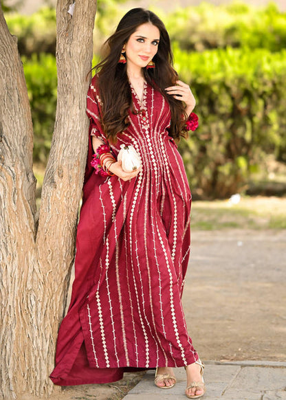 Maroon Embroidered Lawn Kaftan