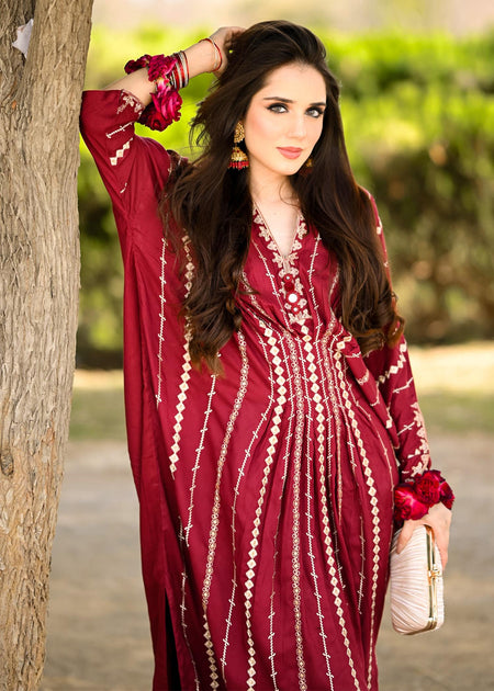 Maroon Embroidered Lawn Kaftan