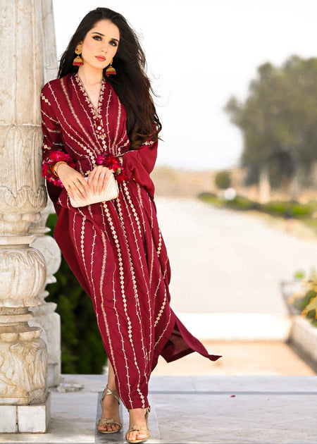 Maroon Embroidered Linen Kaftan