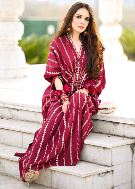 Maroon Embroidered Linen Kaftan