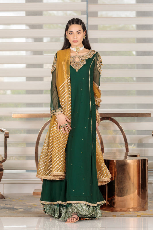 Green Handmade Pure Crinkle Chiffon Sharara