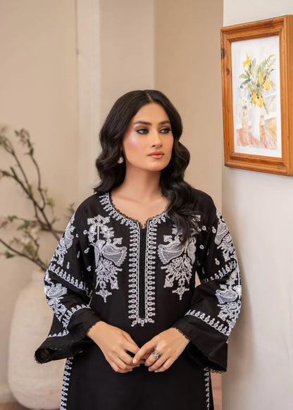 Black Cotton Embroidered Kurta Set