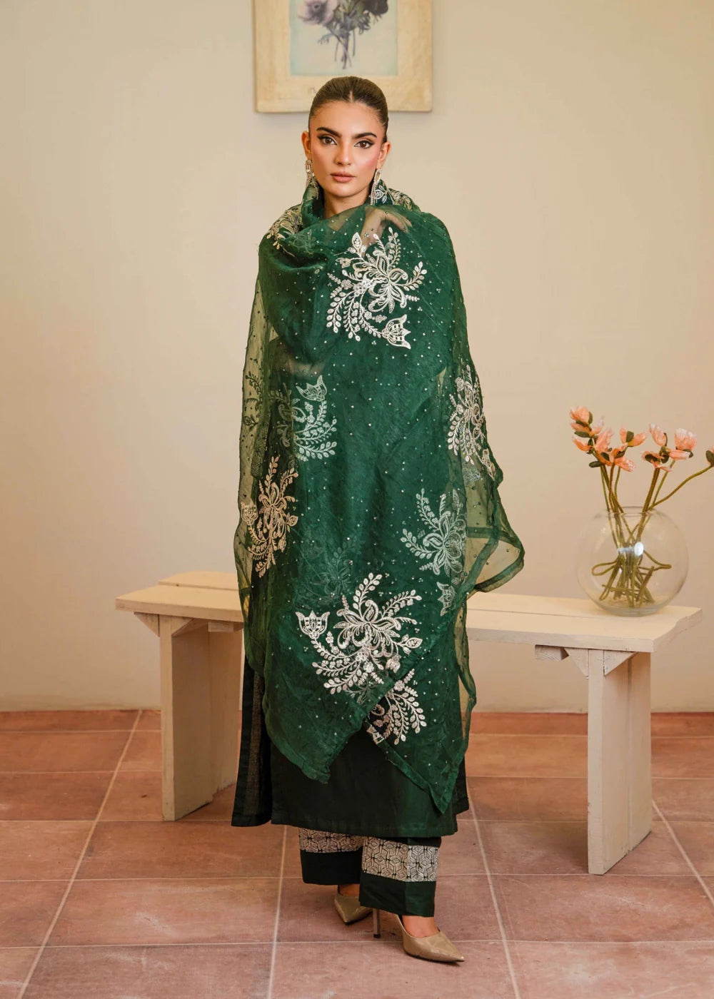 Dark Green Long Kurta Set with Dupatta