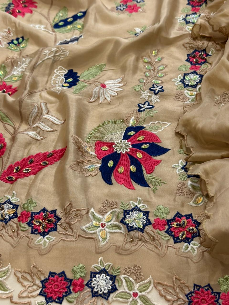 Skin Beige Embellished Silk Kaftan with Dupatta
