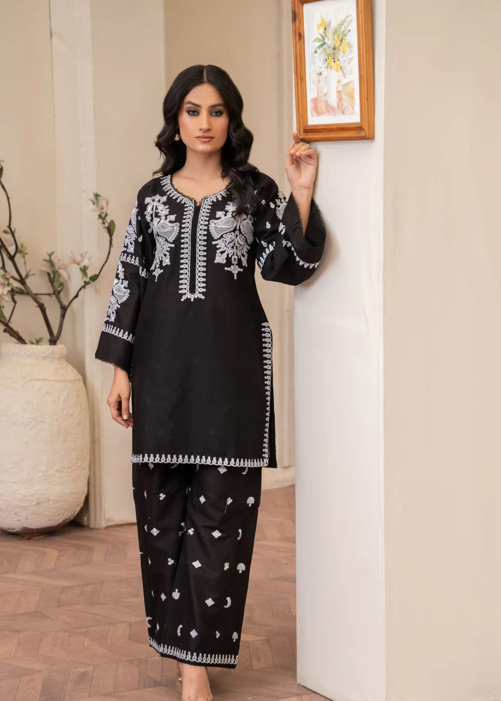Black Cotton Embroidered Kurta Set