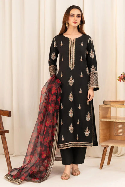 Black Embroidered Viscose Raw Silk Kurta Set with Dupatta