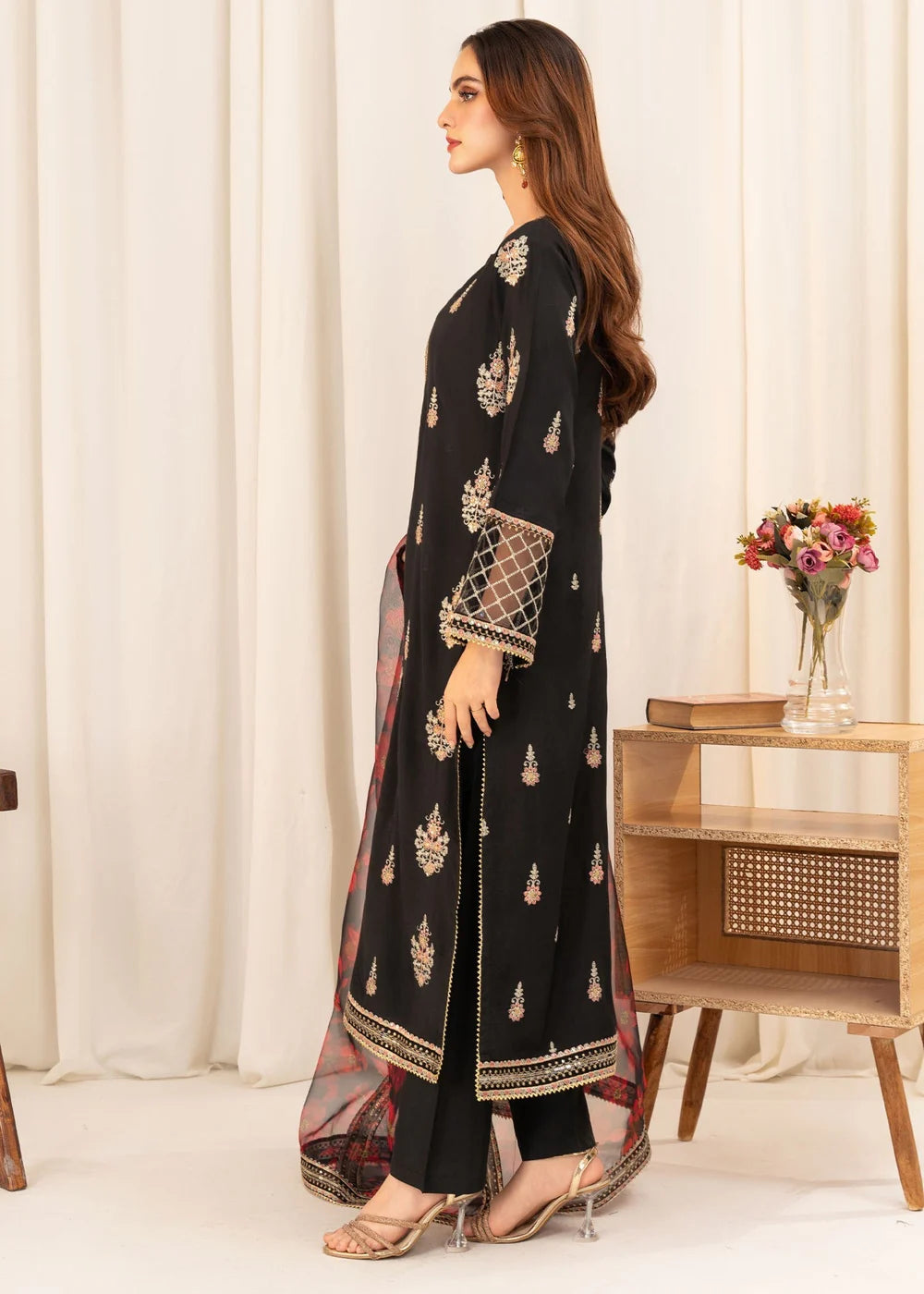 Black Embroidered Viscose Raw Silk Kurta Set with Dupatta