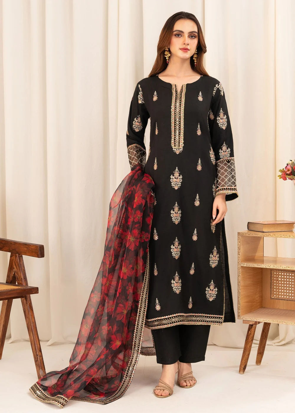 Black Embroidered Viscose Raw Silk Kurta Set with Dupatta